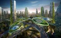 An imagined futuristic slightly sci-fi eco-friendly city. Royalty Free Stock Photo