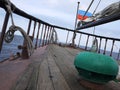 Wooden sailing ship is on the sea. Details and close-up. Sunny weather Royalty Free Stock Photo