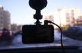 Car camcorder display. Installed inside the car on the windshield to record what is happening on the road