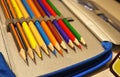 Sharp pencils sharpened with a special mechanical sharpener. Such perfectly sharp pencils are obtained only through the use of suc Royalty Free Stock Photo