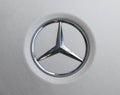 Imatra, Finland, September 3 2017: Close up view of a Mercedes-Benz logo on white leather steering wheel. Modern car interior Royalty Free Stock Photo