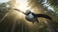 Imax-style Hyper-detailed Rendering Of A Flying Penguin Near The Forest Floor