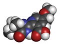 Imazamox herbicide molecule. 3D rendering. Atoms are represented as spheres with conventional color coding: hydrogen white,.