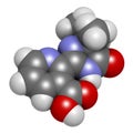 Imazapyr herbicide molecule. 3D rendering. Atoms are represented as spheres with conventional color coding: hydrogen (white),