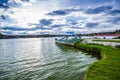 IMBABURA, ECUADOR SEPTEMBER 03, 2017: Outdoor view of a boat parket in the Yahuarcocha lake border, in a cloudy day