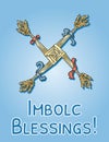 Imbolc Blessings beginning of spring pagan holiday postcard. Brigid`s Cross symbol. Vector flyer