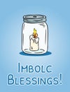 Imbolc Blessings beginning of spring pagan holiday postcard. White candle in a mason jar symbol. Vector flyer