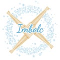 Imbolc Brigid Cross sign. Beginning of spring pagan holiday in a wreath of snowflakes. Vector postcard