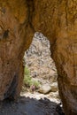 IMBROS GORGE, CRETE - 23 JULY 2021: Hikers exploring the narrow canyons and terrain of the Imbros Gorge in central Crete, Greece