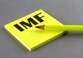 IMF International Monetary Fund text written on a sticky on grey background