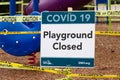 View of sign Playground Closed due to COVID-19Coronavirus in Panorama Park