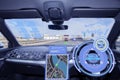 Smart car HUD concept. Empty cockpit in vehicle and Self-Driving mode car graphic.