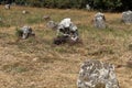 Carnac South Brittany Gulf of Morbihan, Neolithic site with menhirs, dolmen in the middle of the fields Royalty Free Stock Photo