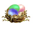 Nest from spring tree branches with Easter eggs .Watercolor illustration of Easter decor.