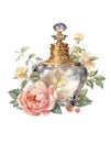 Antique perfume bottle, rose flowers, watercolor illustration