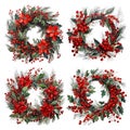 Merry Christmas wreath white background. Green pine twigs and red berries. Nature design greeting card template. Winter holidays. Royalty Free Stock Photo