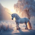 A beautiful white unicorn on a lawn with grass covered in frost. Frosty morning. Winter\'s Tale Royalty Free Stock Photo