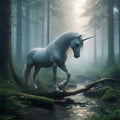 Beautiful unicorn in the misty forest at dawn, morning sunlight, majestic appearance. Fantasy scene Royalty Free Stock Photo