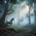Beautiful unicorn in the misty forest at dawn, morning sunlight, majestic appearance. Fantasy scene Royalty Free Stock Photo