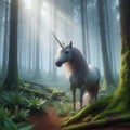 Beautiful unicorn in the misty forest at dawn, morning sunlight, majestic appearance. Fantasy scene Royalty Free Stock Photo