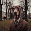 Dog in tweed suit portrait. Anthropomorphic animal. Scene in autumn park