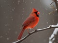 The redbird Cardiinal sitting on a branch in the winter day