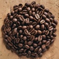 Img Close up photo of numerous coffee beans on textured beige surface