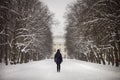 Woman walk on forest path with palace in the front Royalty Free Stock Photo