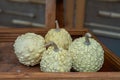 Yellow, bumpy gourds rest in a wooden box. Royalty Free Stock Photo