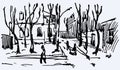 Vector illustration of cityscape sketch with trees, houses and people in courtyard