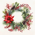 Fir wreath, cones, poinsettia flowers, berries on the edges. AI generated.