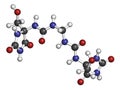 Imidazolidinyl urea antimicrobial preservative molecule formaldehyde releaser. 3D rendering. Atoms are represented as spheres.