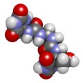Imidazolidinyl urea antimicrobial preservative molecule (formaldehyde releaser). 3D rendering. Atoms are represented as spheres