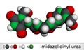 Imidazolidinyl urea, imidurea molecule. It is antimicrobial preservative used in cosmetics, formaldehyde releaser. Molecular model