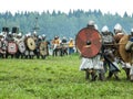 Imitation battles of the ancient Slavs during the festival of historical clubs in the Kaluga region of Russia.