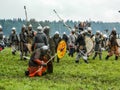 Imitation battles of the ancient Slavs during the festival of historical clubs in the Kaluga region of Russia.