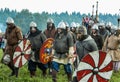 Imitation battles of the ancient Slavs during the festival of historical clubs in the Kaluga region of Russia. Royalty Free Stock Photo