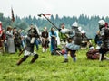 Imitation battles of the ancient Slavs during the festival of historical clubs in the Kaluga region of Russia. Royalty Free Stock Photo