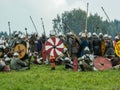 Imitation battles of the ancient Slavs during the festival of historical clubs in the Kaluga region of Russia. Royalty Free Stock Photo