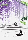 Imitation of chinese painting with boat, hills and purple wisteria branches