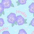 Imitation embroidery viola flower tropical paradise seamless pattern, hand drawing purple flowers light blue background, editable