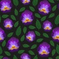 Imitation embroidery viola flower tropical seamless pattern, hand drawing colorful flowers on black background, editable vector