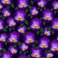 Imitation embroidery viola flower tropical seamless pattern, hand drawing colorful flowers on dark purple background, editable