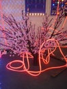 Decorative curtain made of LED threads and a neon cord