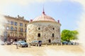 Imitation of the picture. City Vyborg. Market Square. Round Tower Royalty Free Stock Photo