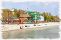 Imitation of a picture. Oil paint. Illustration. City beach. Feodosia city