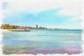 Imitation of a picture. Oil paint. Illustration. City beach. Feodosia city