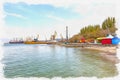 Imitation of a picture. Oil paint. Illustration. City beach and port. Feodosia city