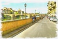 Imitation of a picture. Oil paint. Illustration. Florence. Embankment of the river Arno