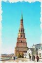 Imitation of a picture. Oil paint. Illustration. Kazan. Tower Syuyumbike